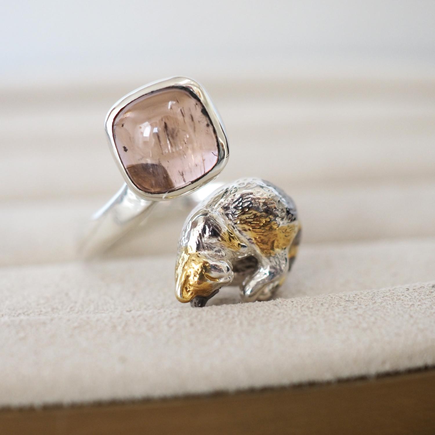 バイカラートルマリン眠り猫リング | 2枚目