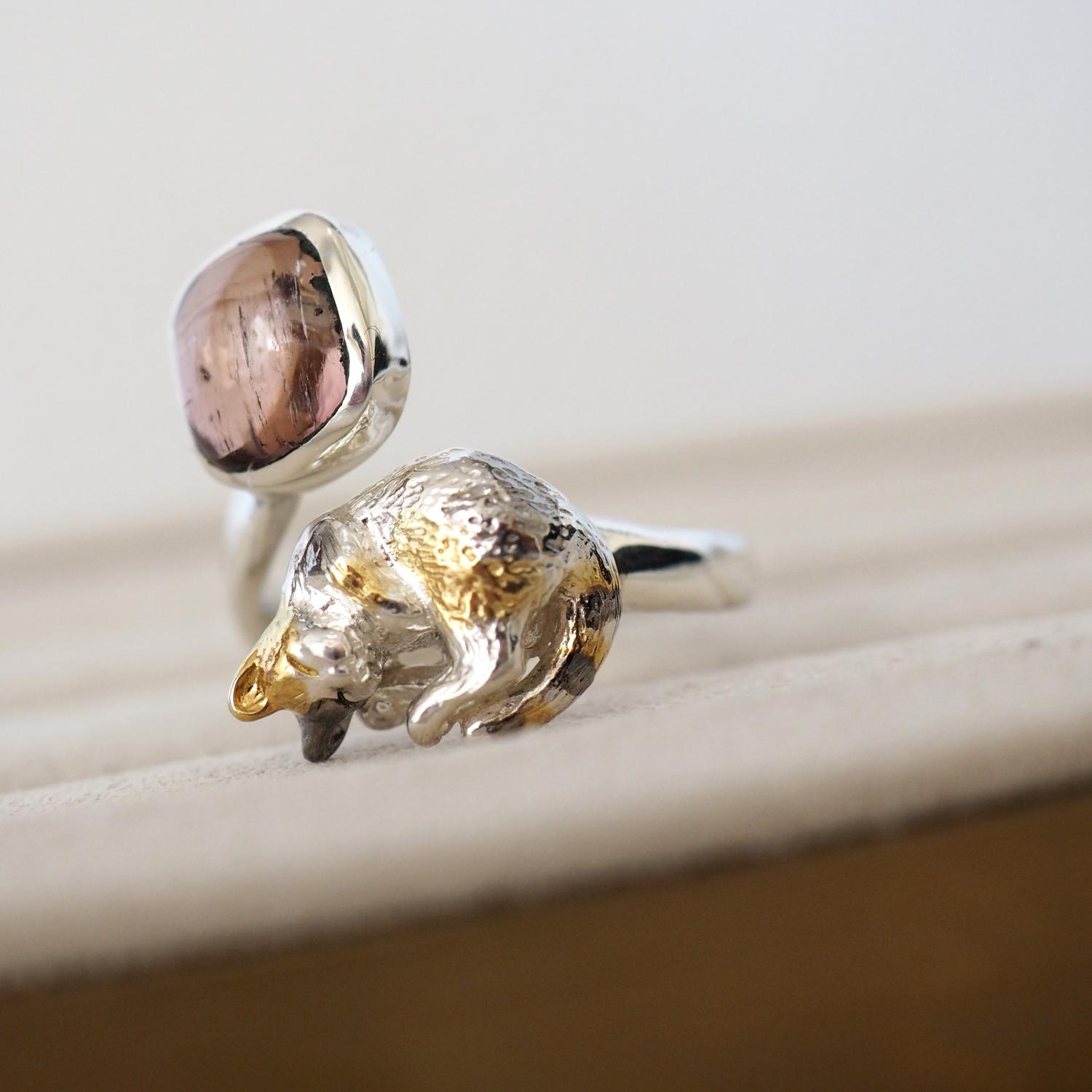 バイカラートルマリン眠り猫リング | 3枚目