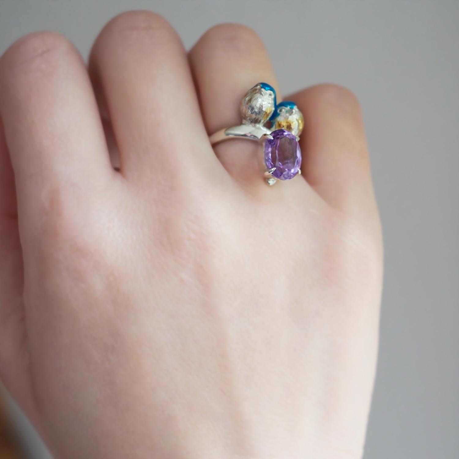 アメシストと寄り添う2羽のルリビタキリング | 2枚目