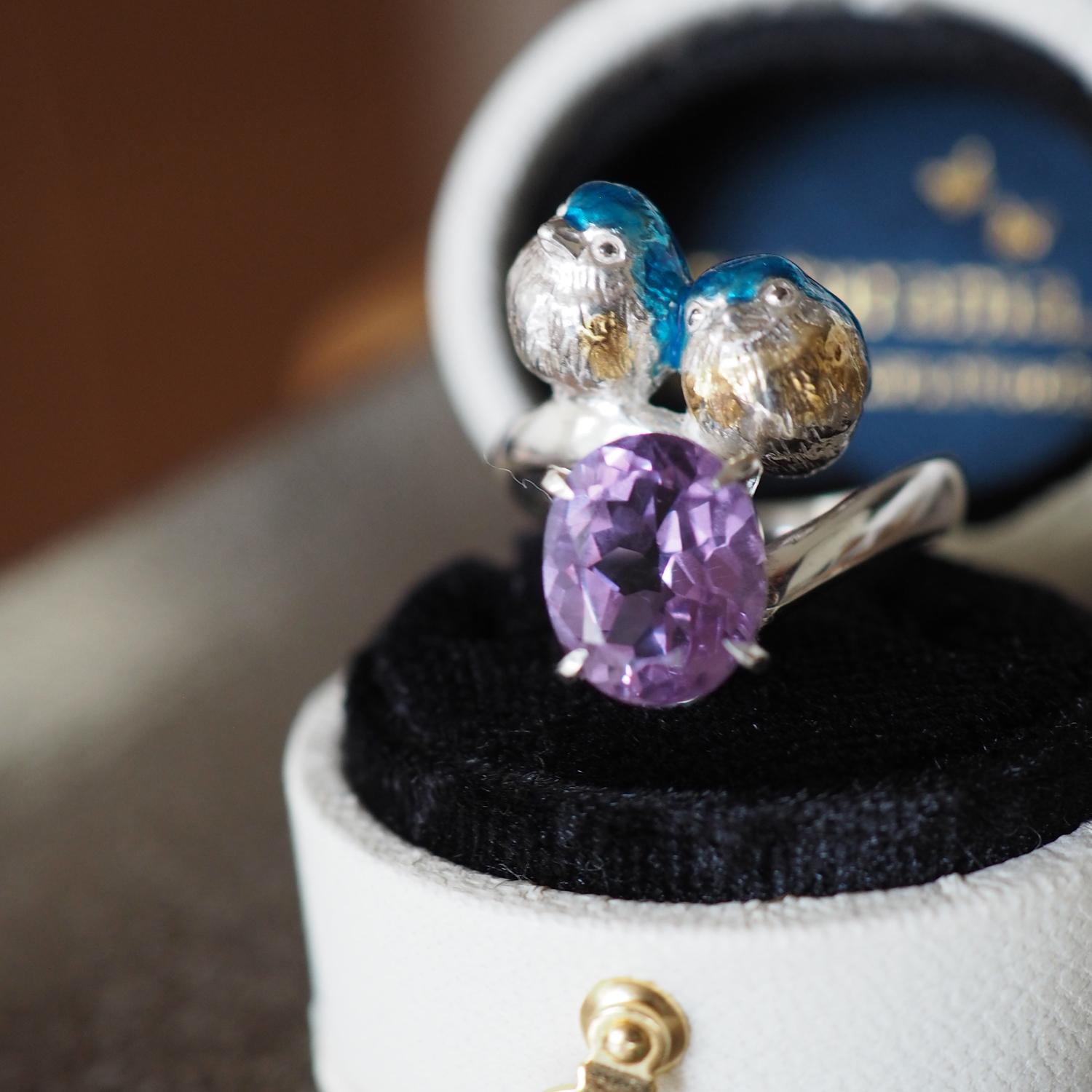 アメシストと寄り添う2羽のルリビタキリング | 3枚目