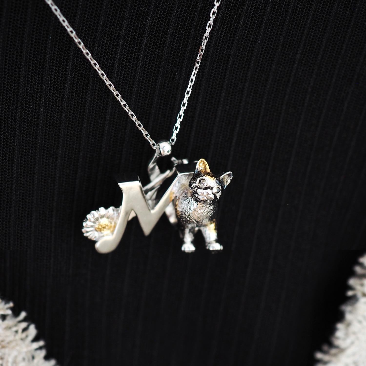 【2way】猫とデイジーのイニシャルMブローチペンダントトップ | 6枚目