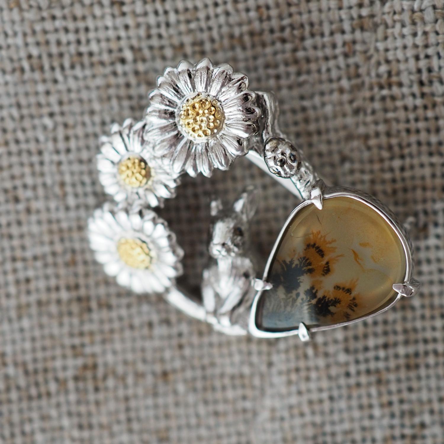 【2way】デイジーとうさぎの庭園 ブローチペンダントトップ（デンドリティックアゲート） | 2枚目