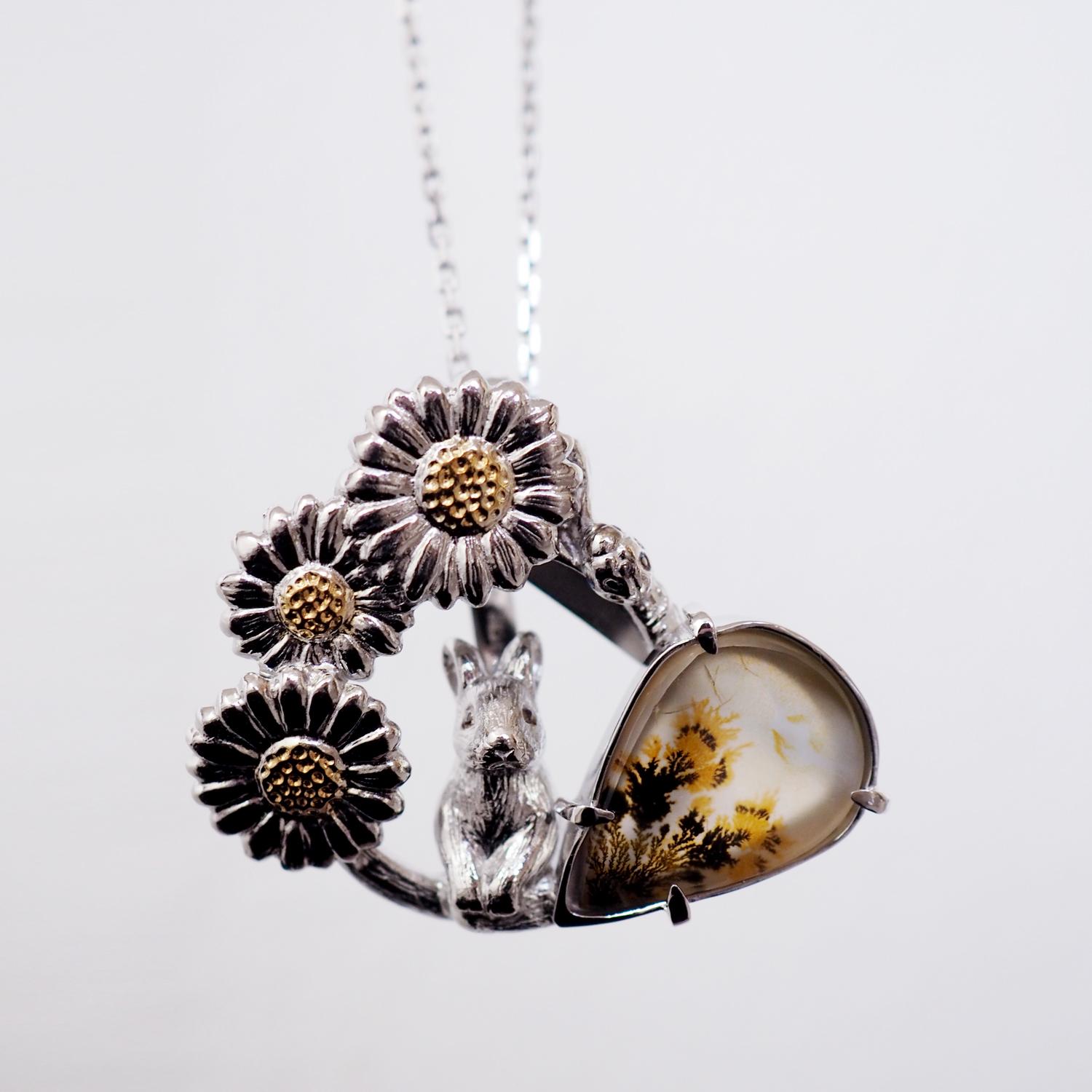 【2way】デイジーとうさぎの庭園 ブローチペンダントトップ（デンドリティックアゲート） | 4枚目