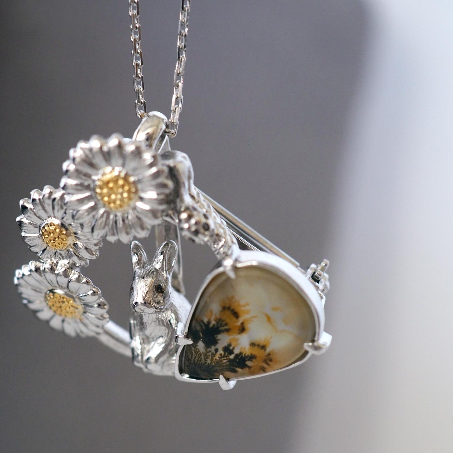 【2way】デイジーとうさぎの庭園 ブローチペンダントトップ（デンドリティックアゲート） | 5枚目