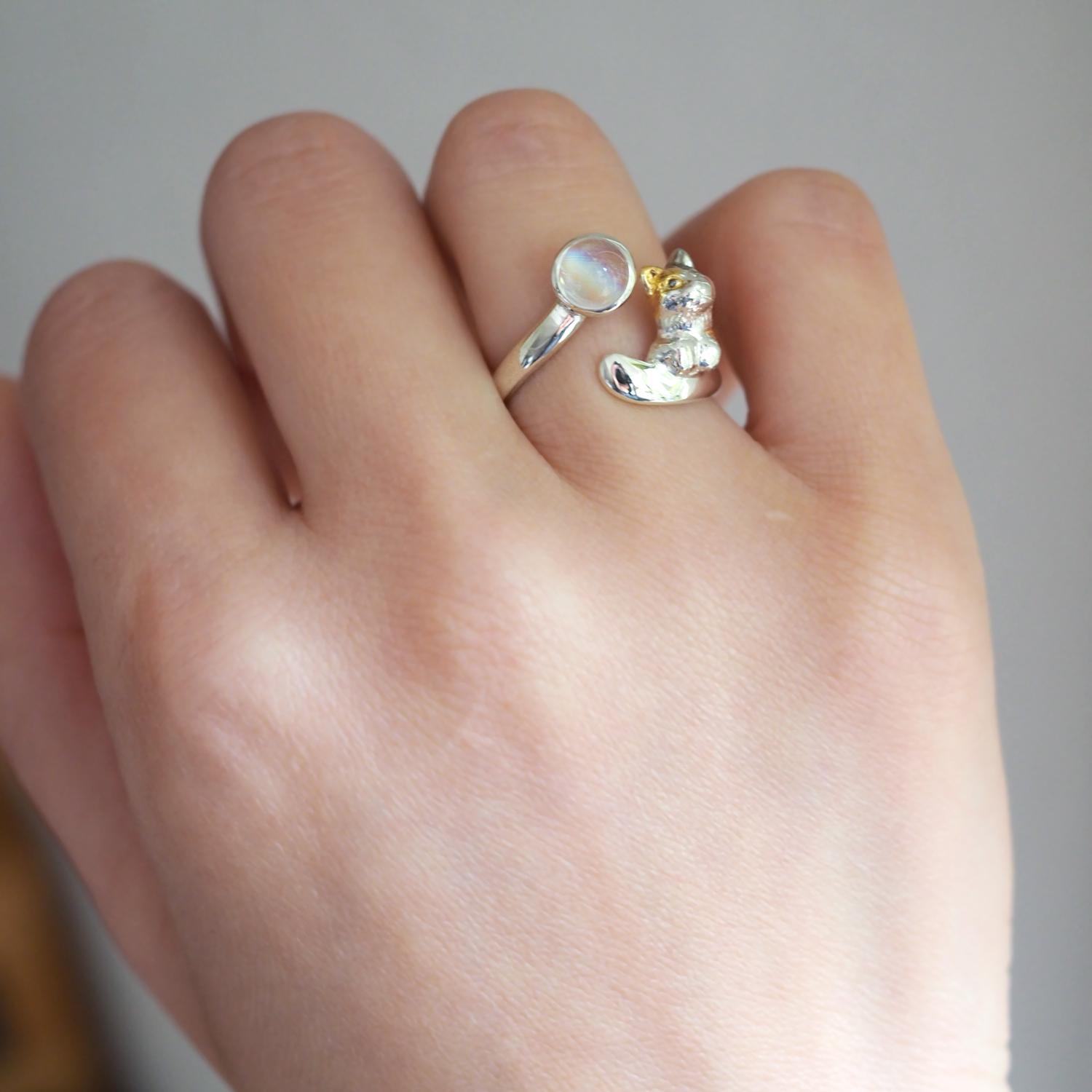 レインボームーンストーン三毛猫リング | 3枚目