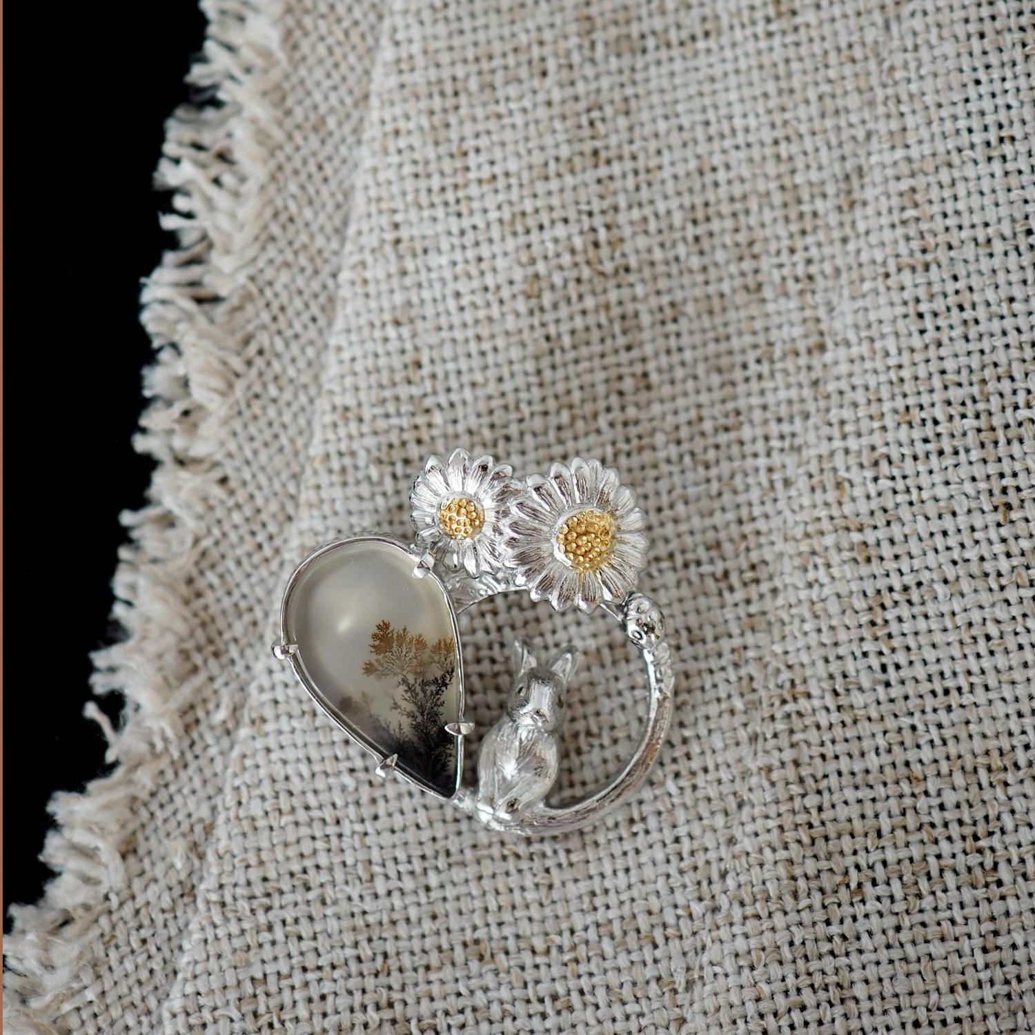 【2way】2輪のデイジーとうさぎの庭園 ブローチペンダントトップ(デンドリティックアゲート) | 2枚目